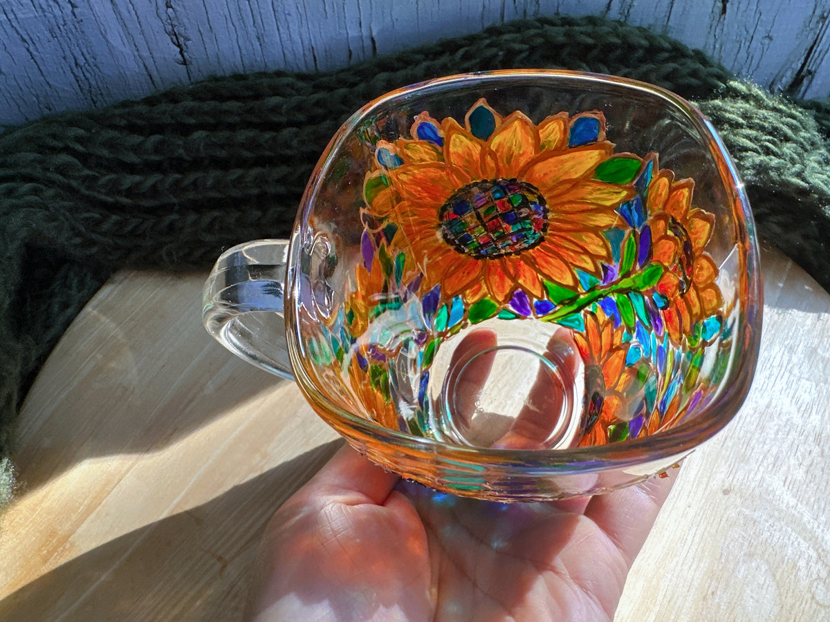 Hand-Painted Sunflower Glass Mug: Stained Glass Style Flower Gift