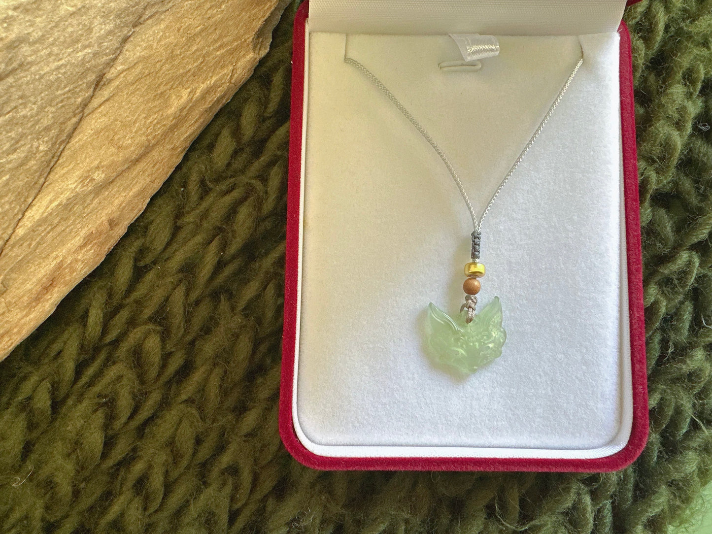Jade Fox Head Necklace, Natural Untreated Jade