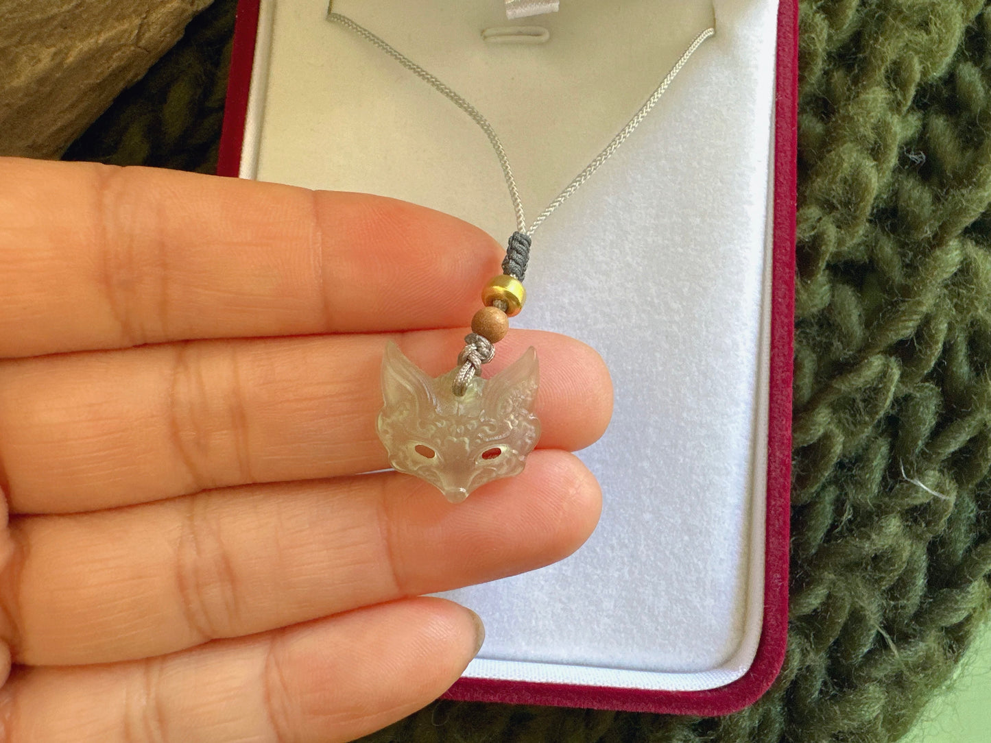 Jade Fox Head Necklace, Natural Untreated Jade
