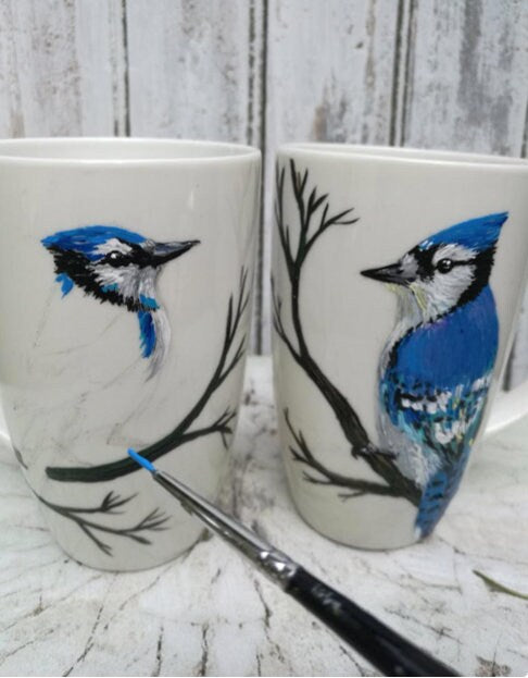 Hand Painted Blue Jay Gift Set: Mug, Ornament & Agate Pendant