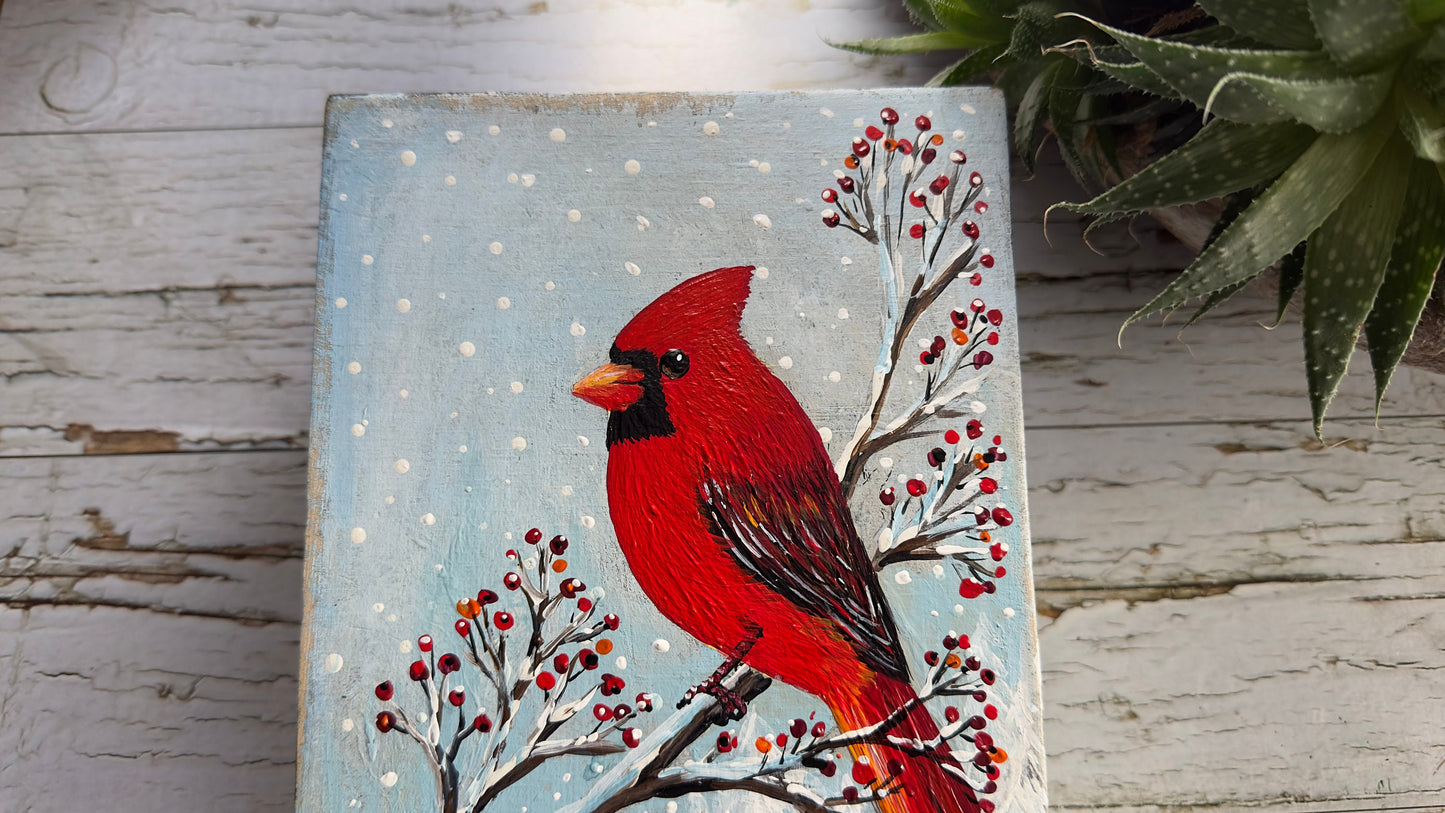 Original Cardinal Painting on Wood, Christmas Decor, 6x9"