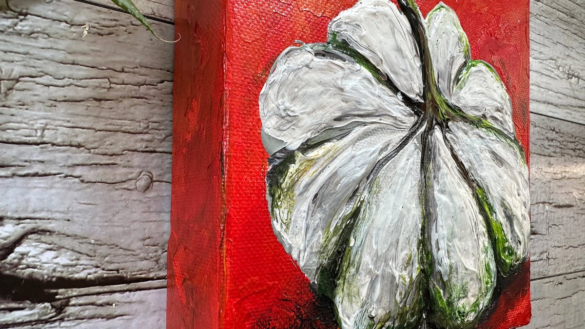 White Pumpkin Painting on Red, 6x6" Canvas