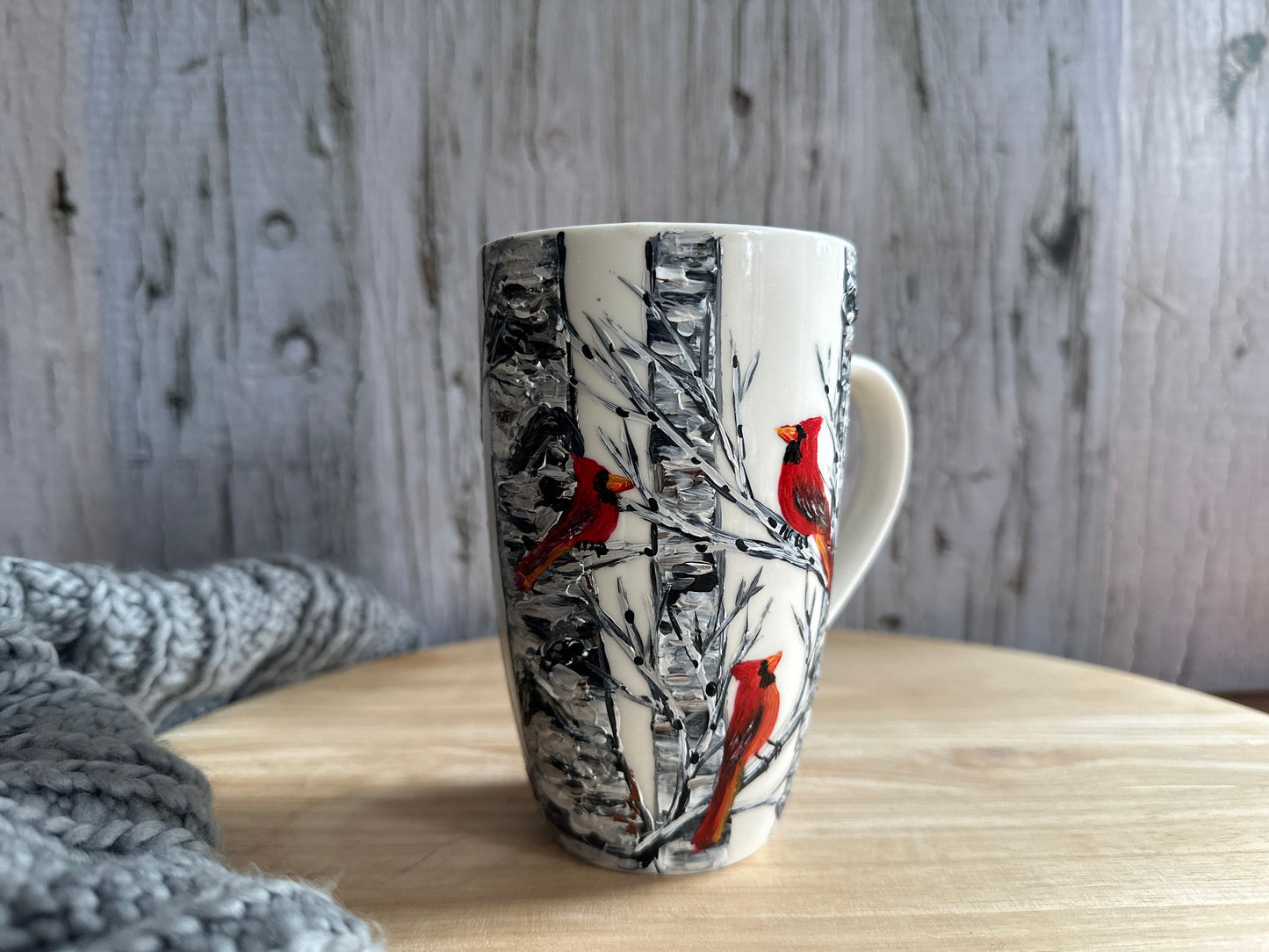 Hand-Painted Cardinal Birch Tree Mug: Bird Lover Gift