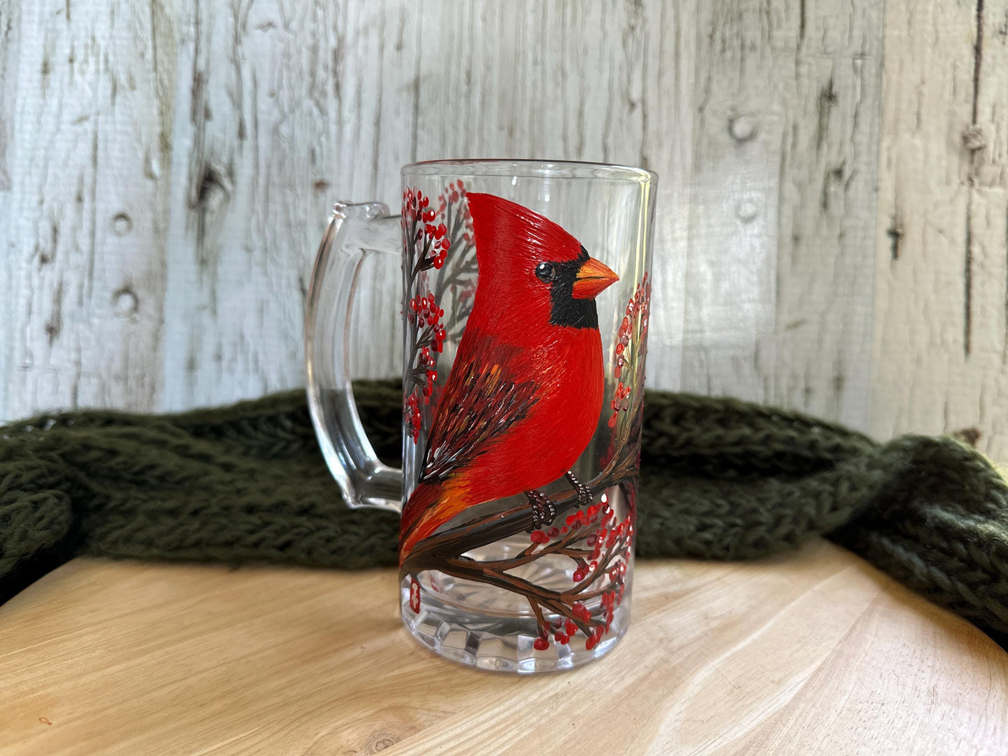 Hand Painted Cardinal Beer Mug, Bird Lover Gift, 16oz
