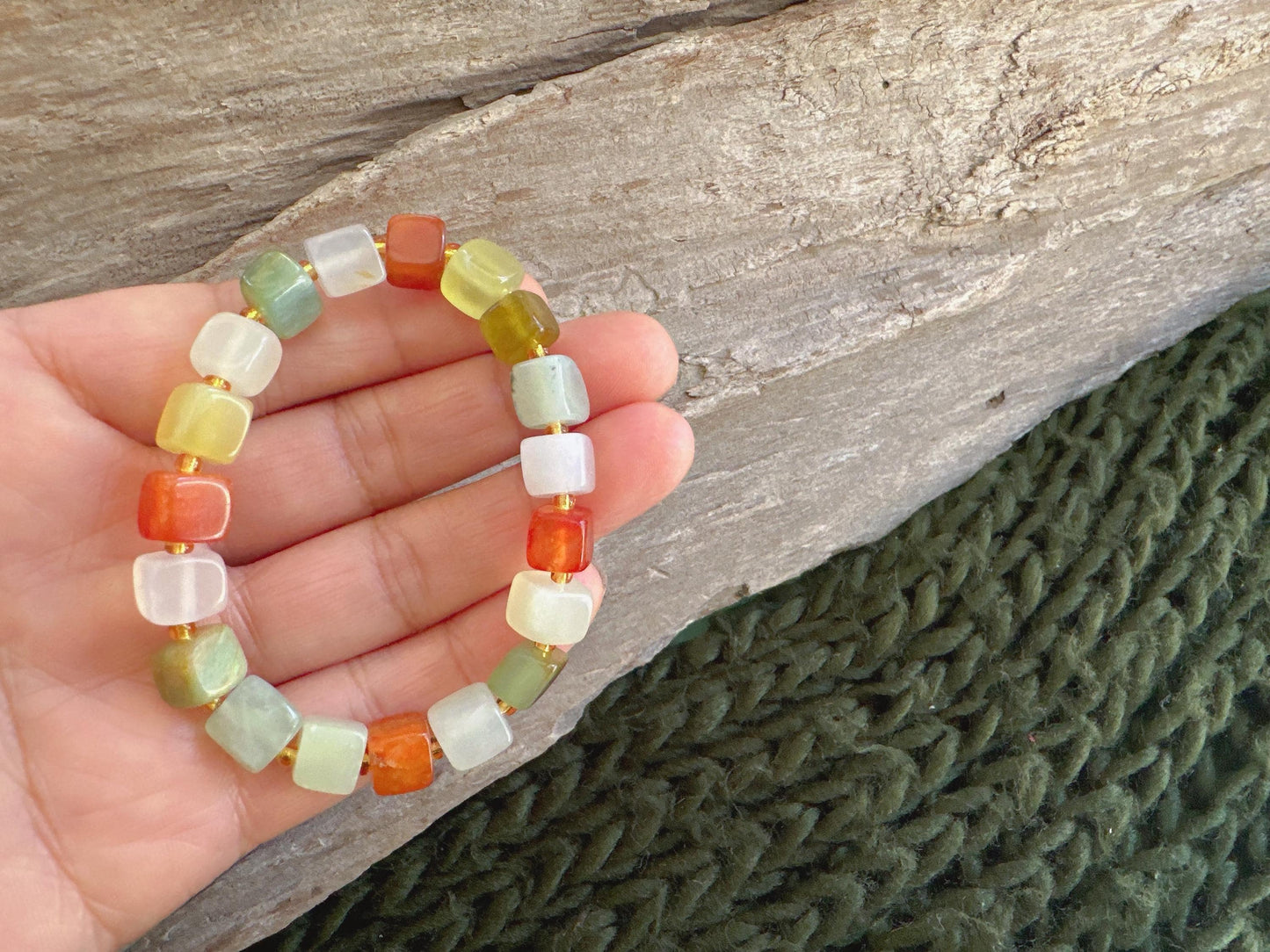 Natural Multicolor Jade and Agate Gemstone Bracelet, Healing Jewelry, Good Luck Bracelet, Fall Birthday Gift