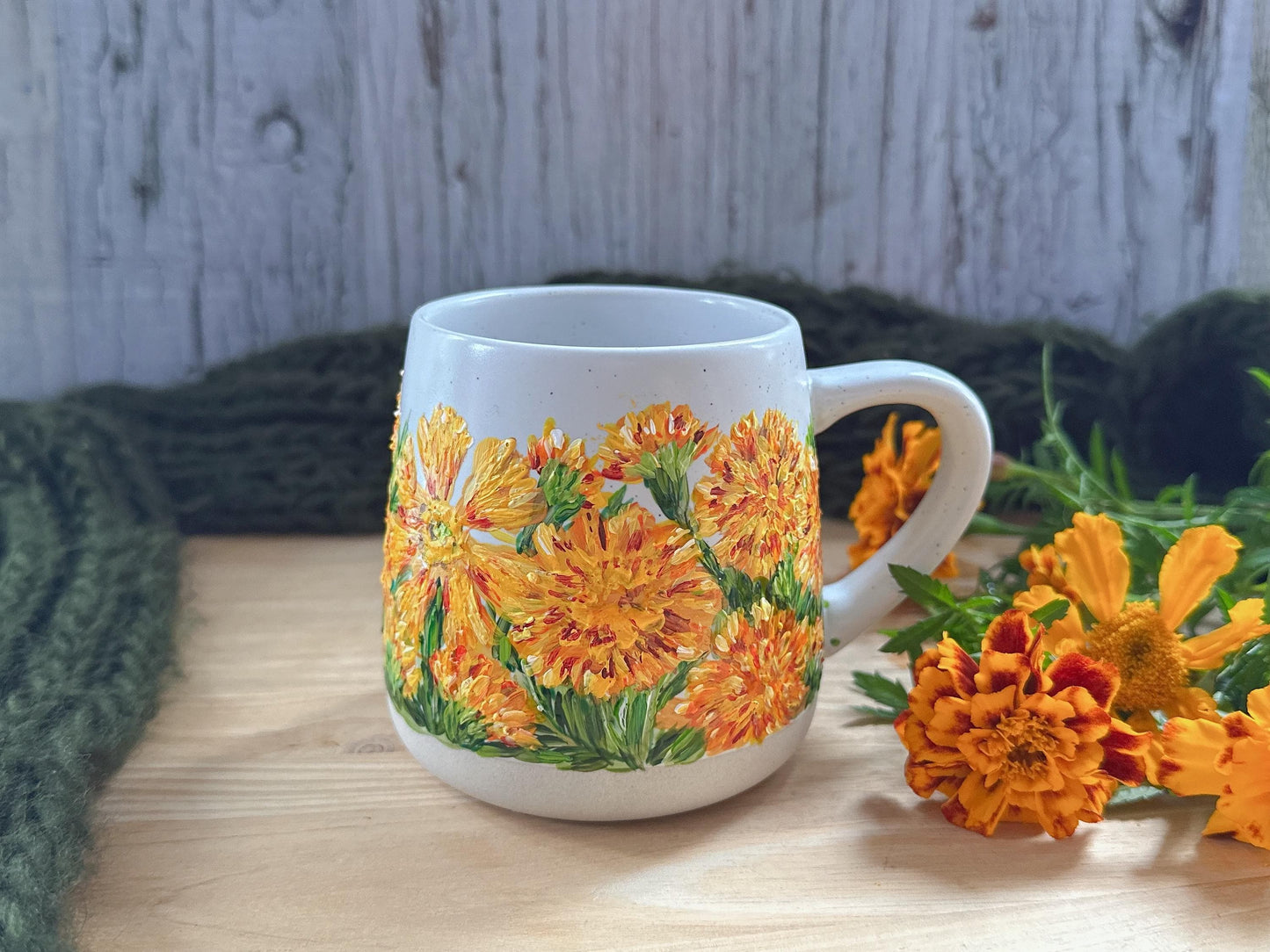 Hand Painted Marigold Coffee Mug, October Birth Flower Gift