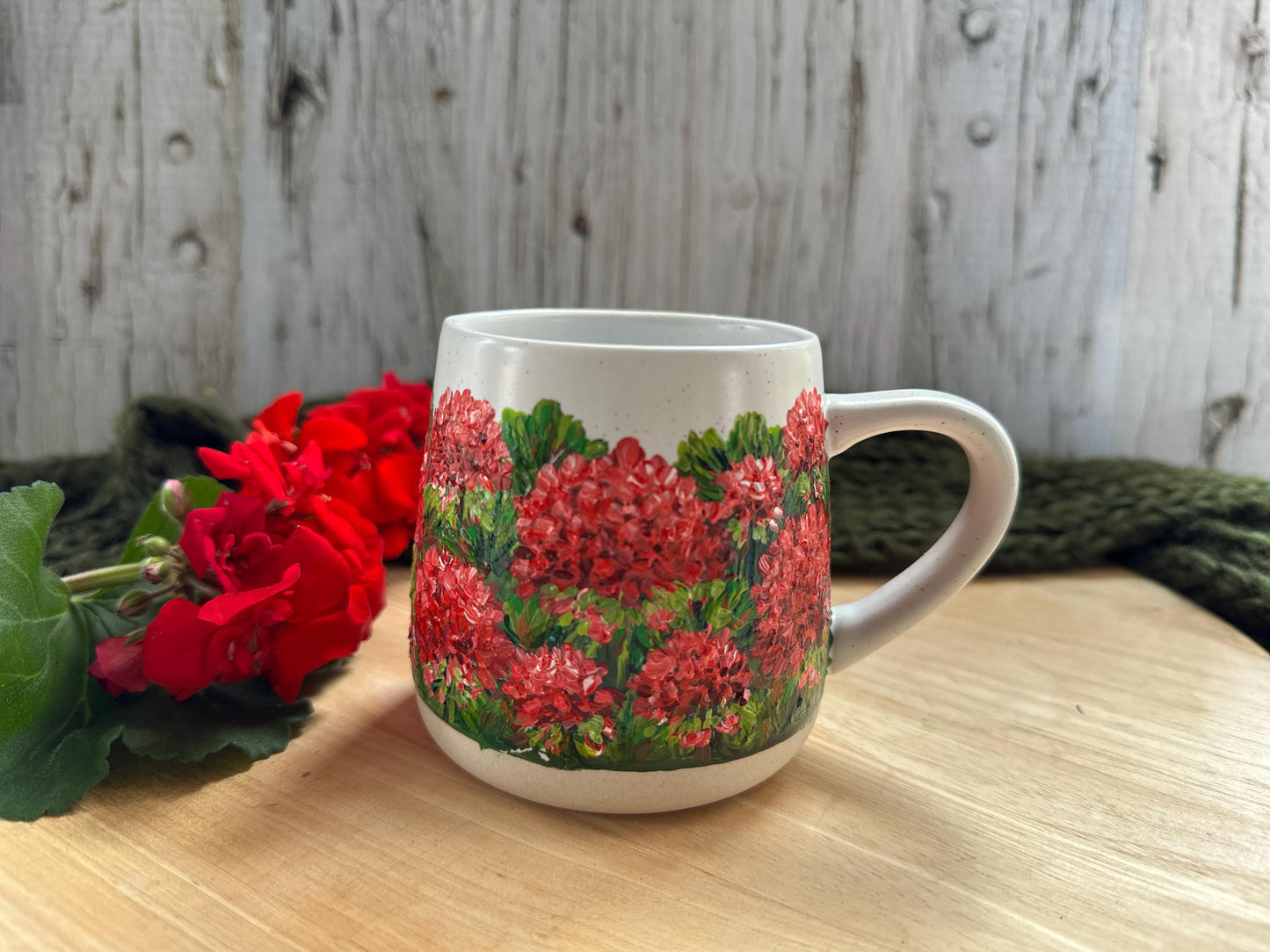 Hand-Painted Red Geranium Mug, Floral Coffee Cup, Gardener Gift