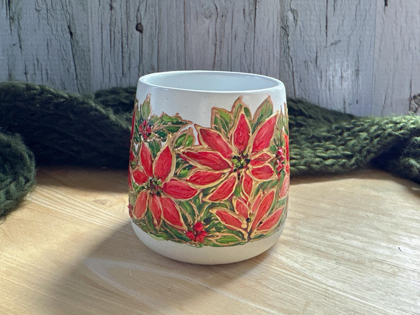Hand Painted Poinsettias Mug, Christmas Flower Mug, Holly, Birth Month Flower Mug, Christmas Gift, December Birth Flower, December Birthday