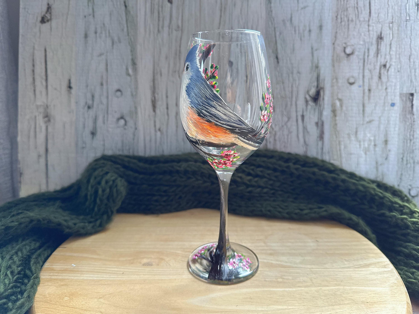 Hand Painted Tufted Titmouse Wine Glass: Bird Lover Gift