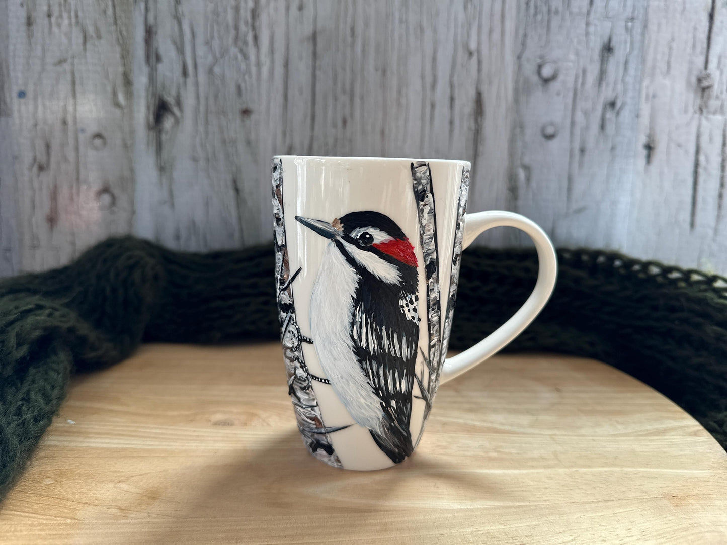 Hand Painted Woodpecker Mug: Bird Lover Gift, Downy Woodpecke, Mother's Day Gift, Coffee Cup For Mom
