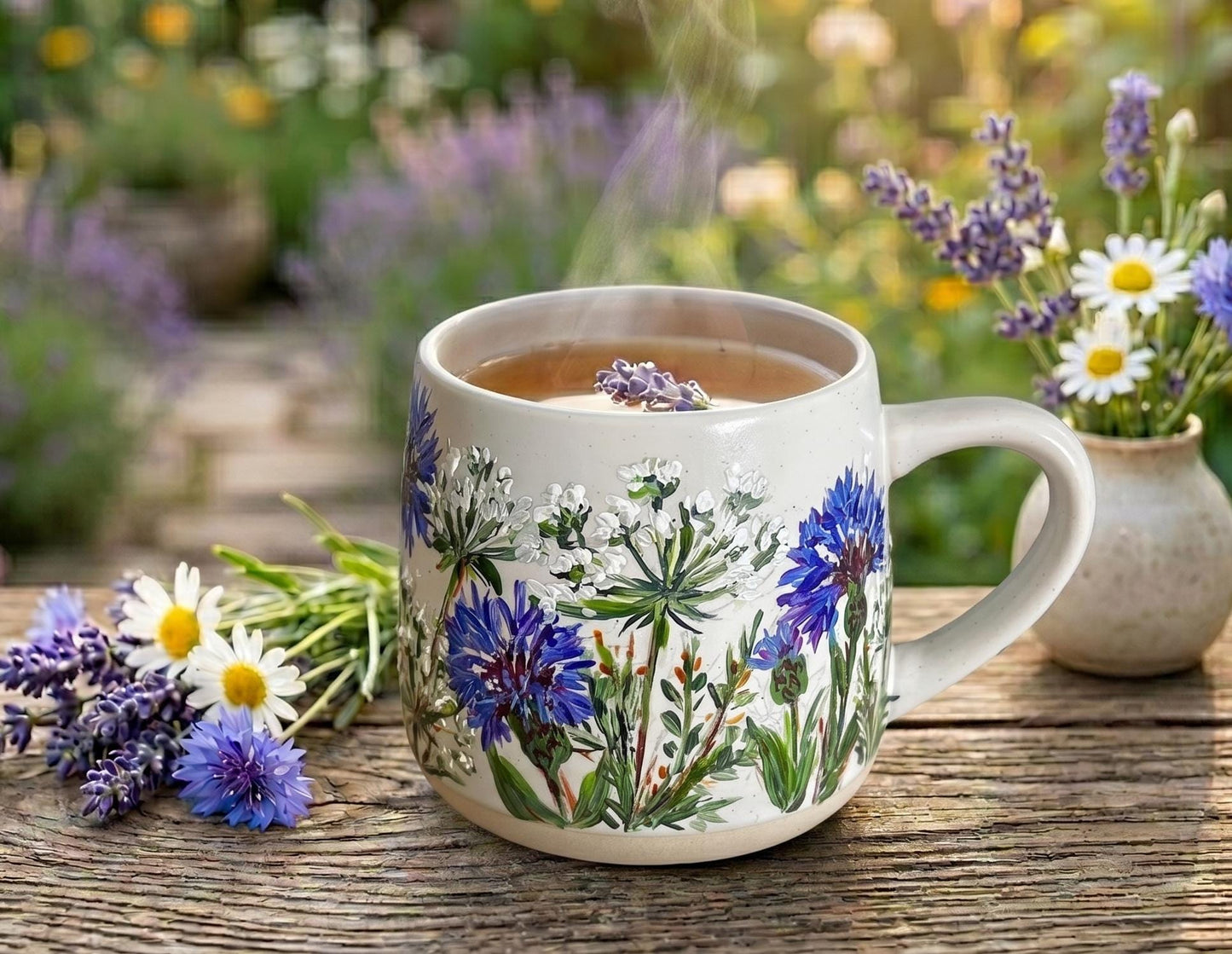 Hand Painted Wildflower Mug, Cornflower Stoneware Cup, Unique Handmade Floral Gift for Her, One of a Kind Art