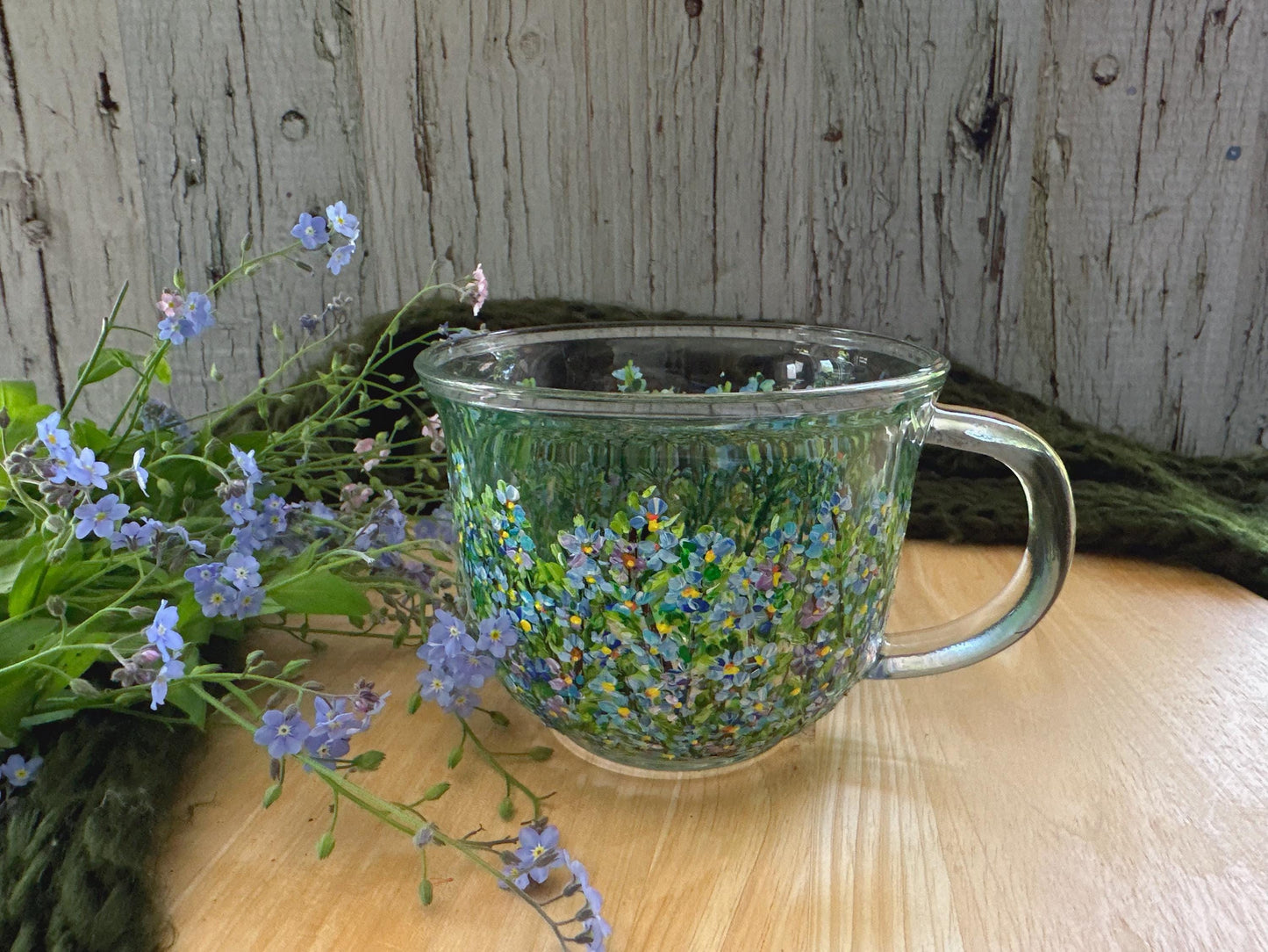 Hand Painted Forget-Me-Not Glass Mug: Personalized Floral Gift
