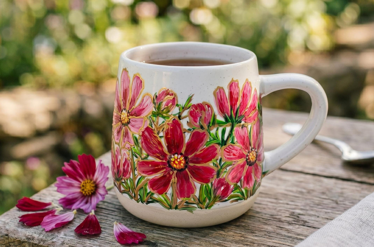 Hand Painted Cosmos Flower Mug, October Birth Flower Mug, Pink Floral Gift, Gift for Mom Garden Lover, Personalized Floral Gift