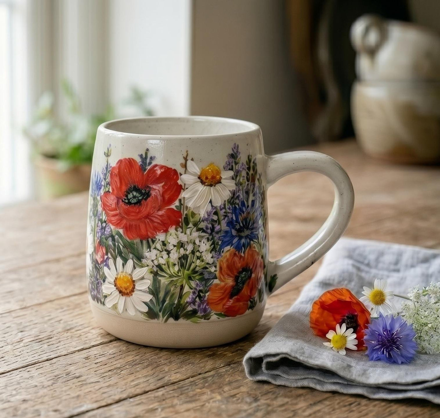 Hand Painted Poppy Wildflower Mug, Cornflower Daisy Stoneware Cup, Unique Handmade Floral Gift for Her