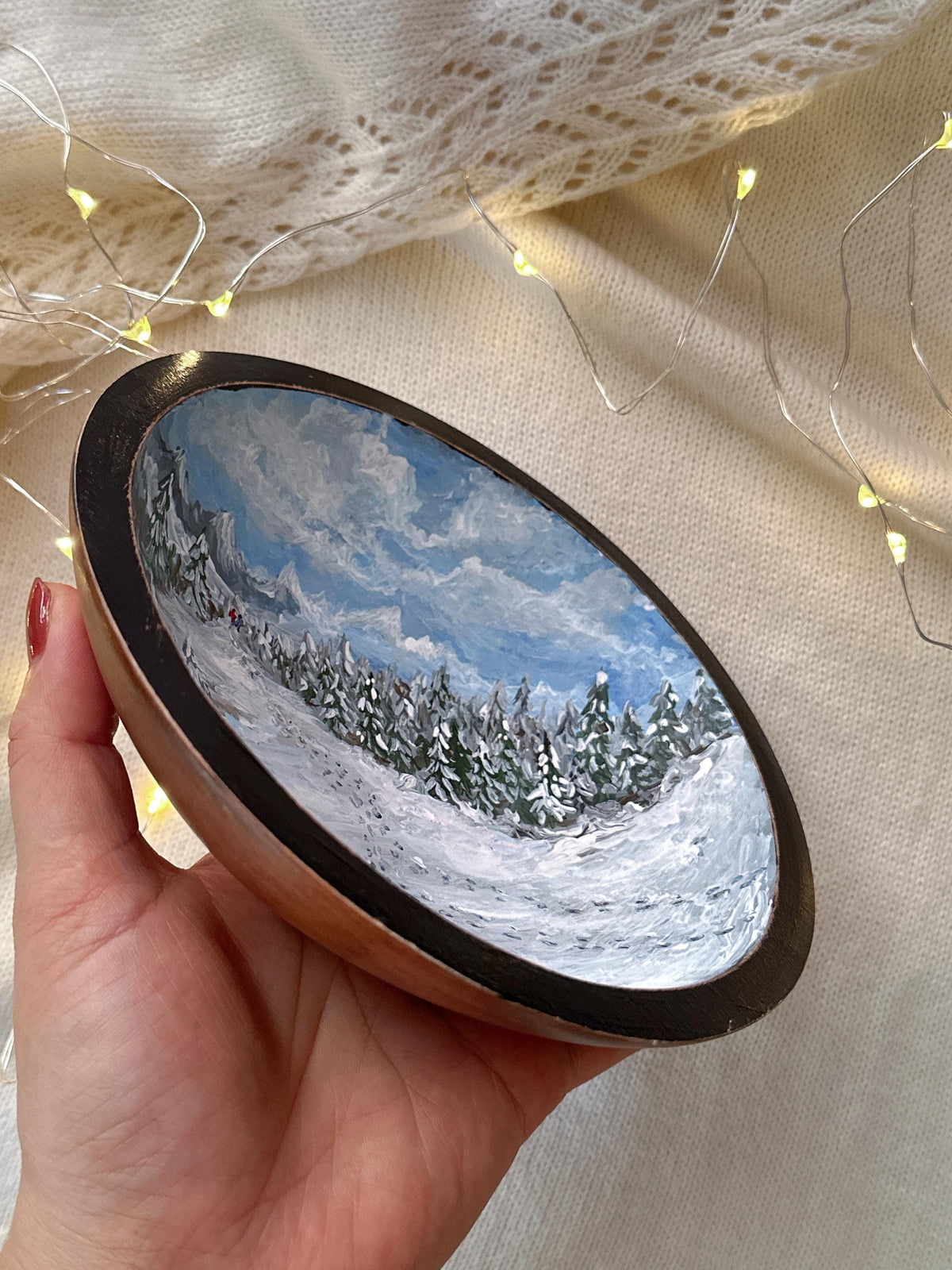 Wooden Ring Dish with Winter Mountain Scene, Christmas Gift for Couples