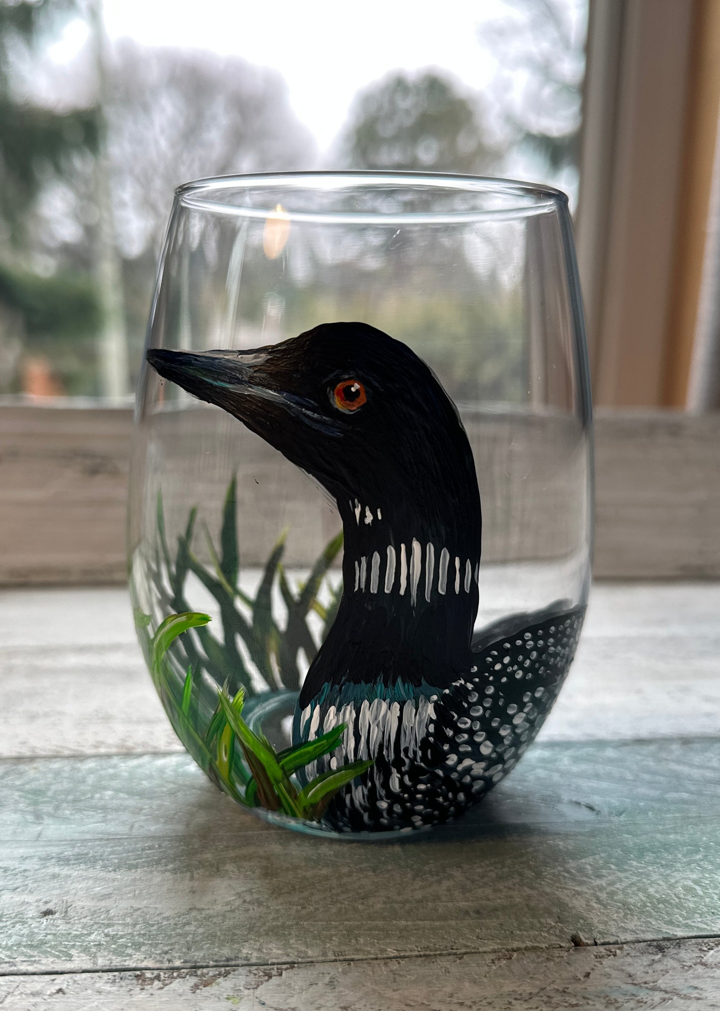 Hand painted Loon wine glass