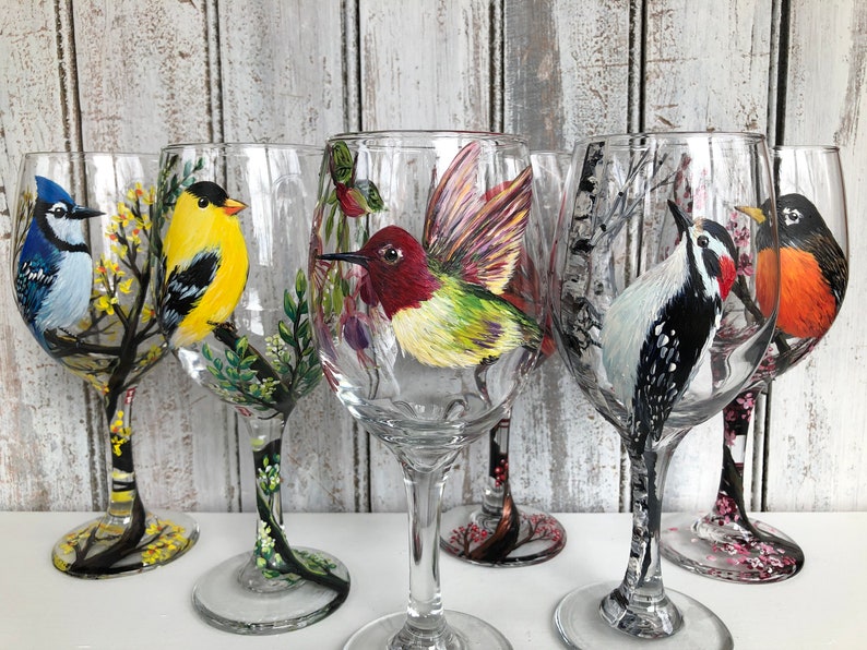 Hand Painted Humming Bird Wine Glass