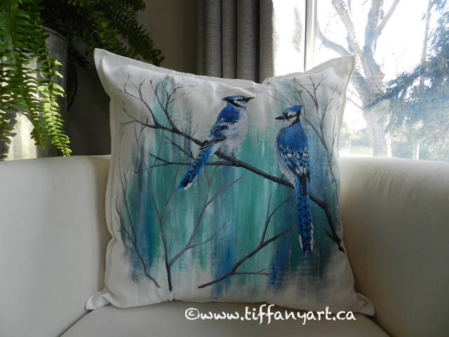 Hand painted pillow Blue Jay pillow bird pillow Blue Jay gift Blue TiffanyArtCanada