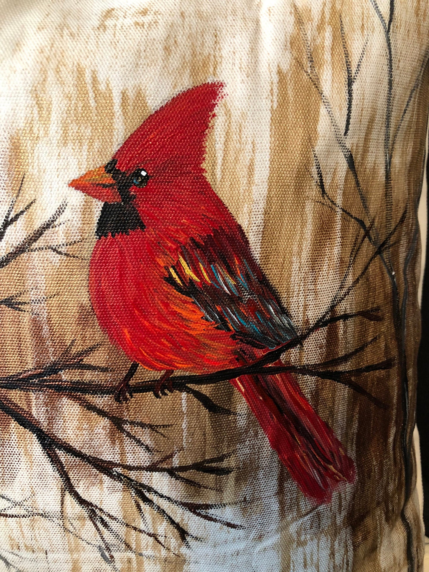 Red Cardinal bird, Hand painted pillow, Cardinal pillow cover, red Cardinal, bird pillow, love bird pillow, Cardinal gift, Cardinal decor
