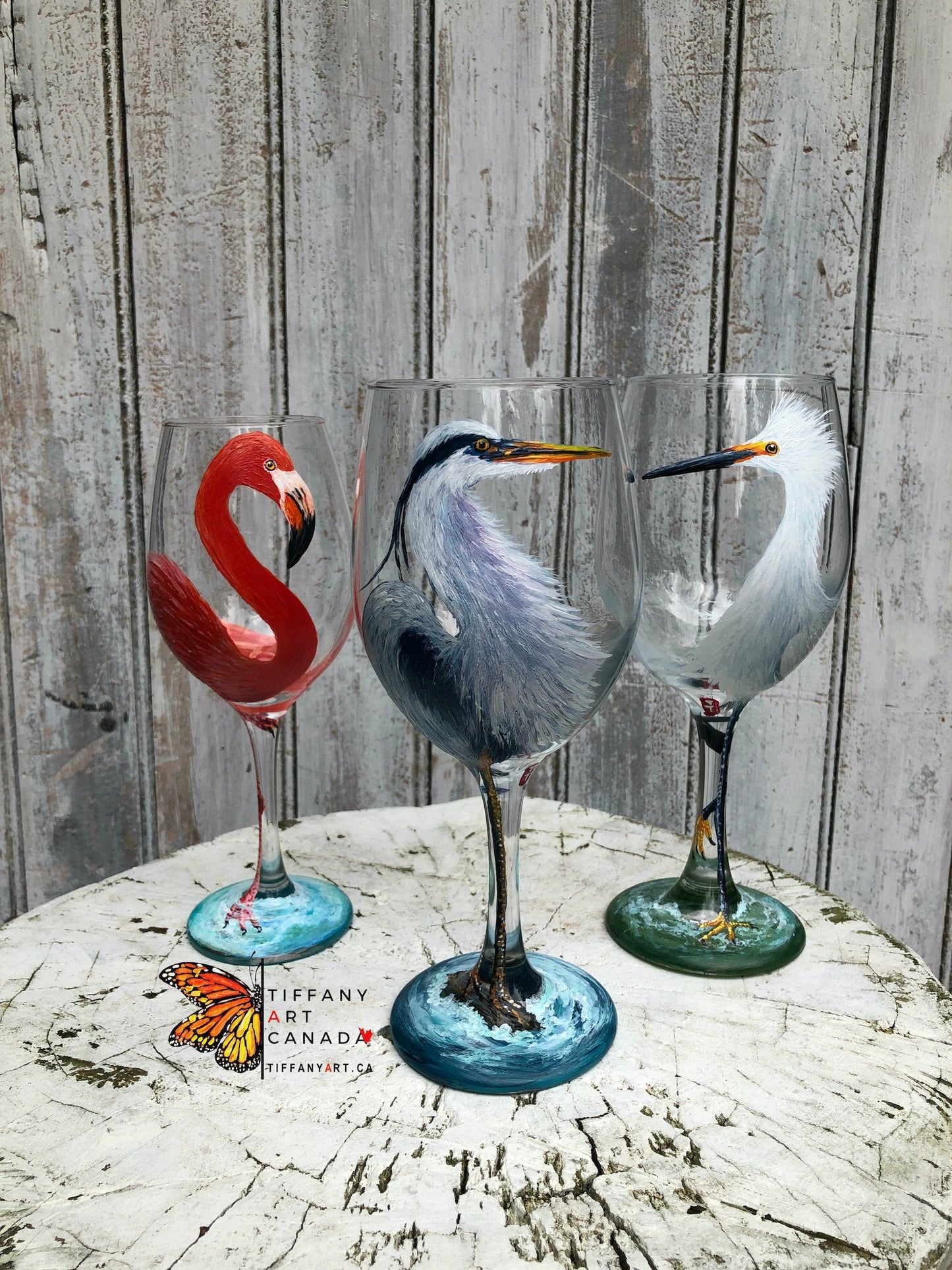 Hand Painted Snowy Egret Wine Glass