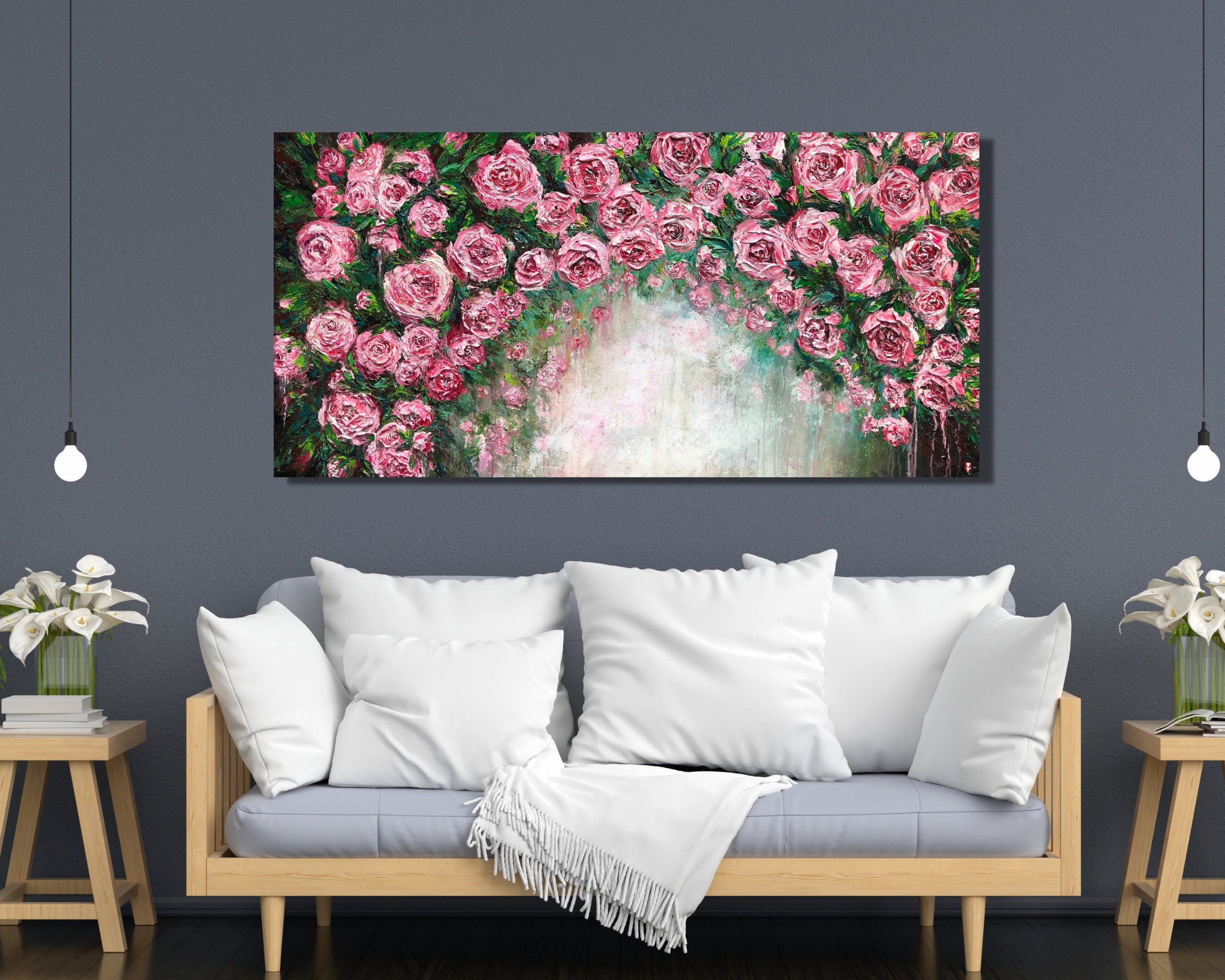 Rose Garden Painting, Pink Flower Painting, Rose Wall Art, Rose