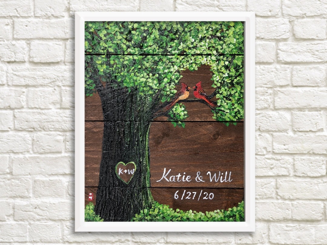 Cardinal couple painting on wood, personalized wedding gift