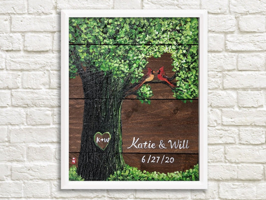 Cardinal couple painting on wood, personalized wedding gift