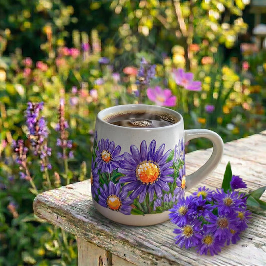 Hand painted aster flower mug, September birth flower