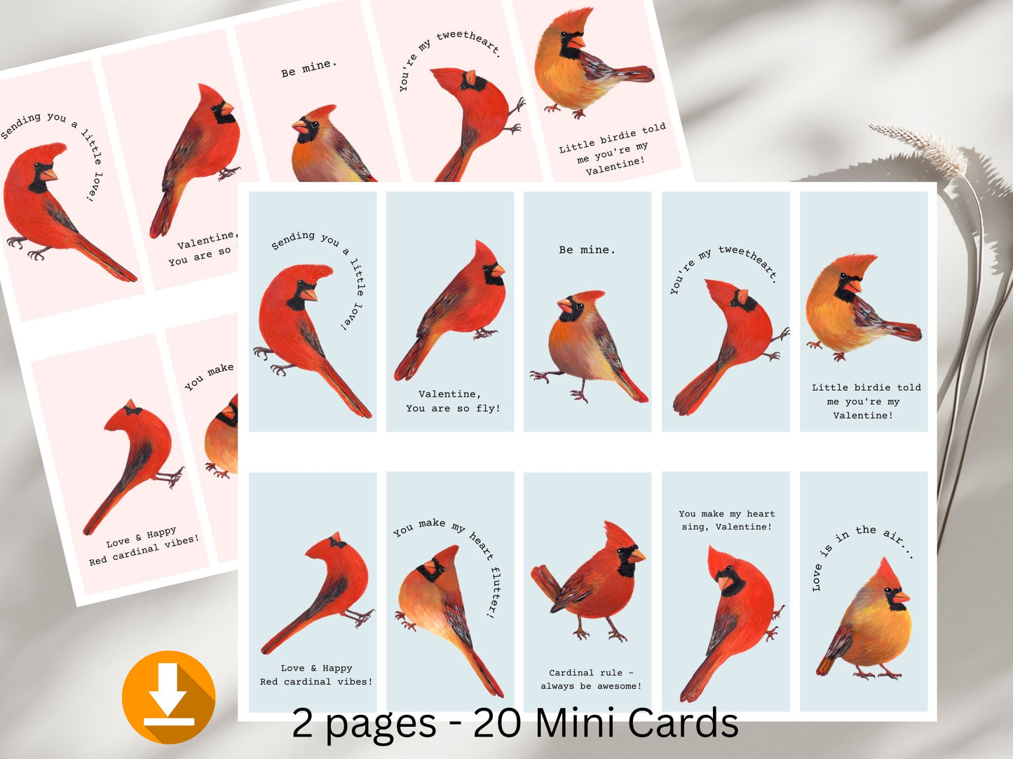 20 Mini Red Cardinal Bird Valentines Cards for School Kids (Digital Download)