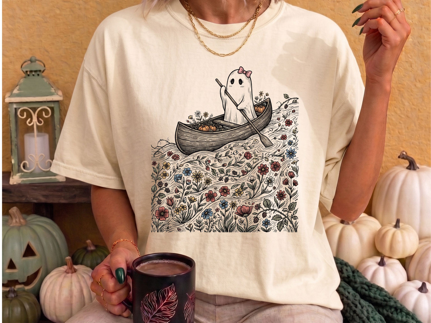 Floral Ghost Canoe T-Shirt | Cottagecore Halloween Tee