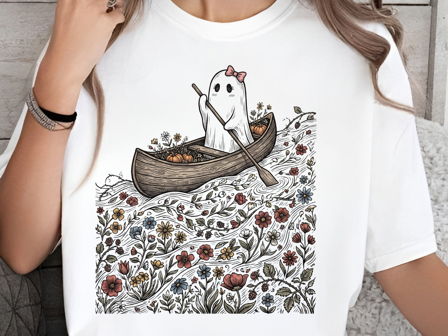 Floral Ghost Canoe T-Shirt | Cottagecore Halloween Tee