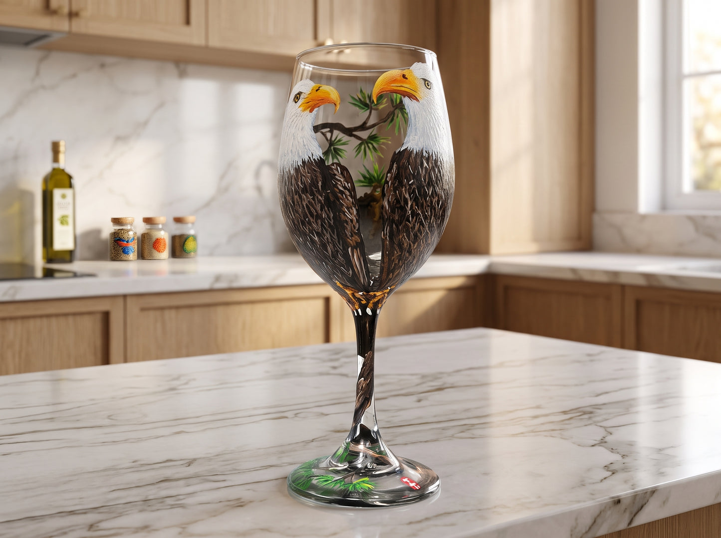 Hand Painted Eagle Family Wine Glass, Bird Lover Gift