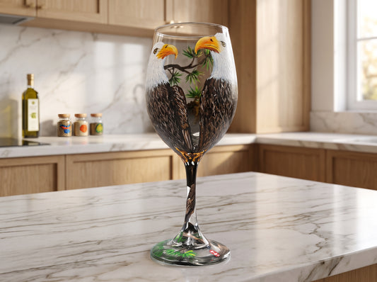 Hand Painted Eagle Family Wine Glass, Bird Lover Gift