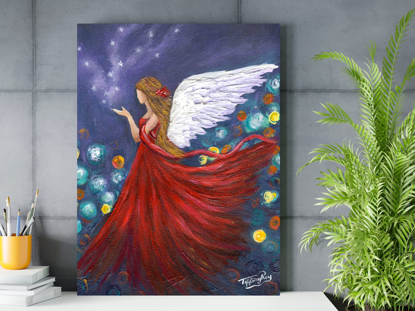 Original Red Dressed Angel Painting on Canvas