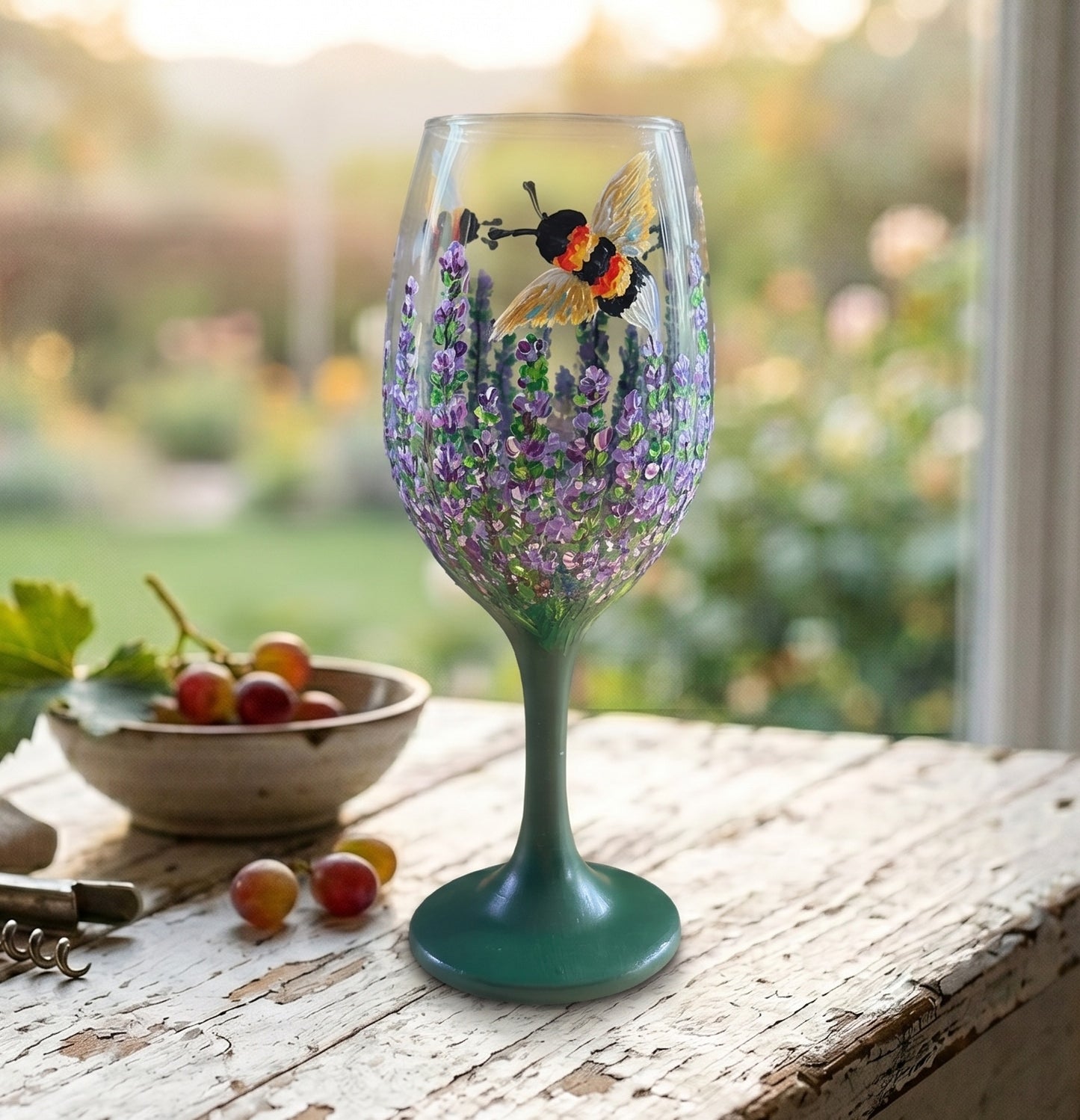 Hand Painted Lavender Wine Glass: Lavender & Bee Design