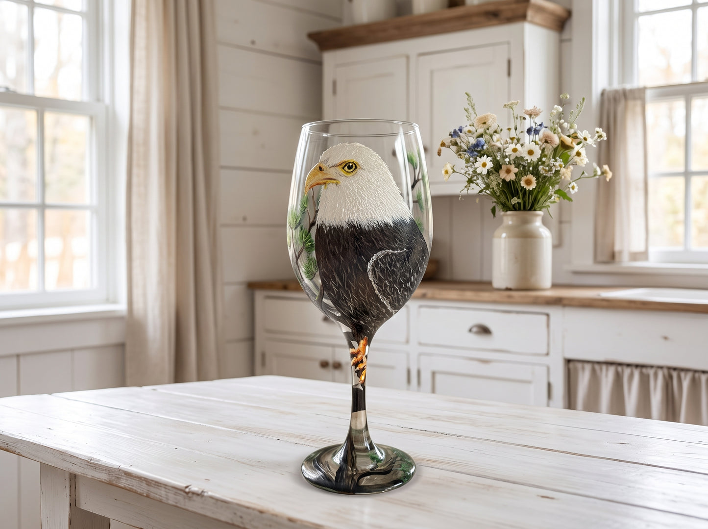 Hand Painted Eagle Wine Glass: Unique Bird Lover Gift