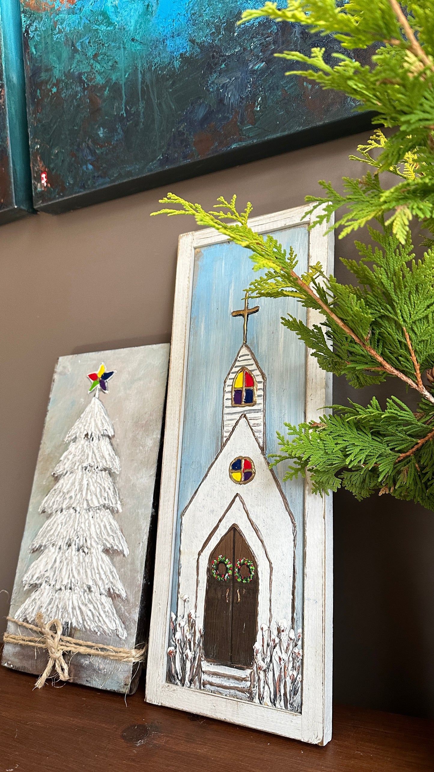 Church and Christmas Tree Painting on Wood (set of 2)