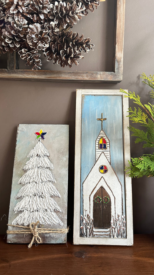 Church and Christmas Tree Painting on Wood (set of 2)