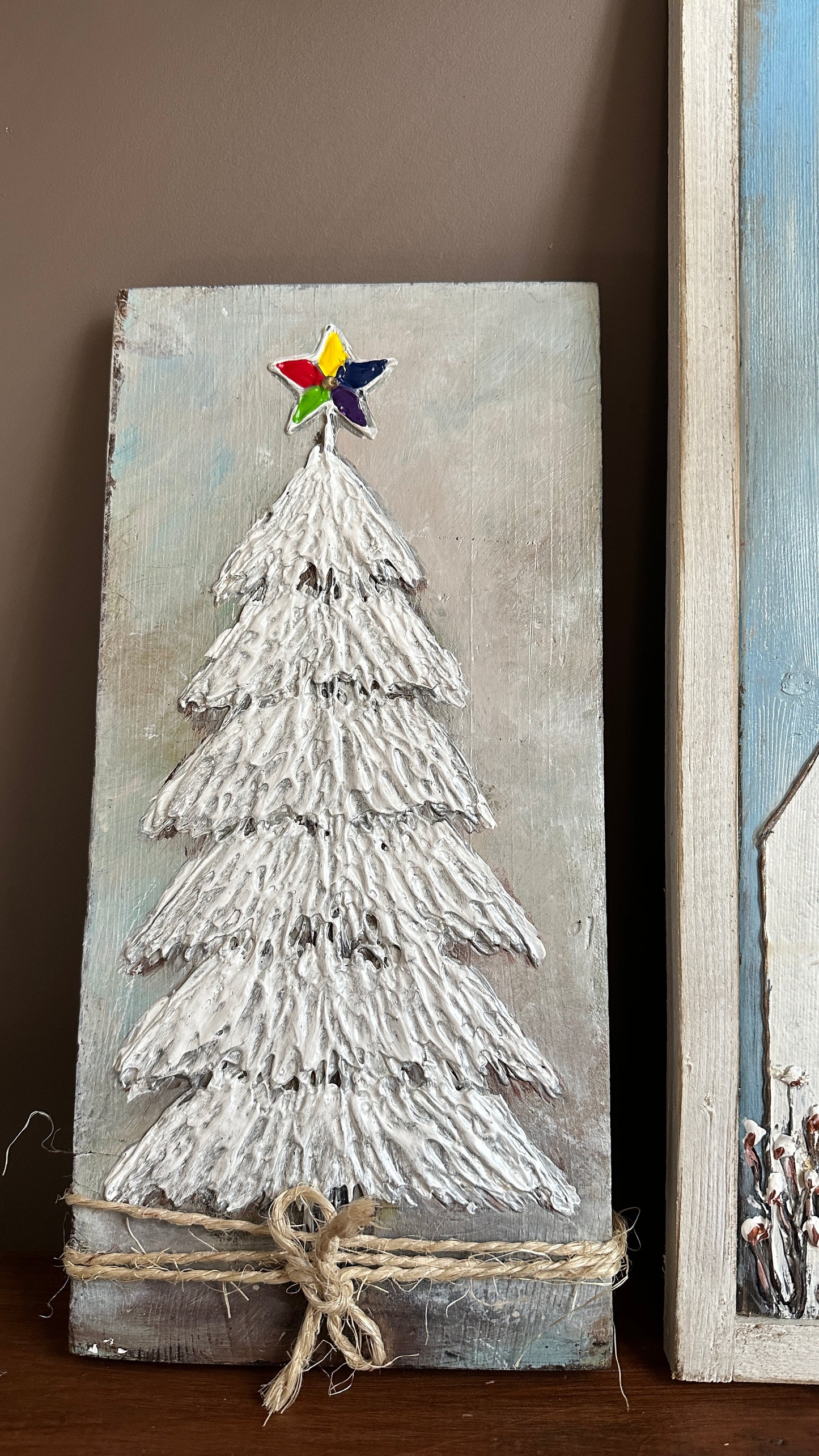 Church and Christmas Tree Painting on Wood (set of 2)