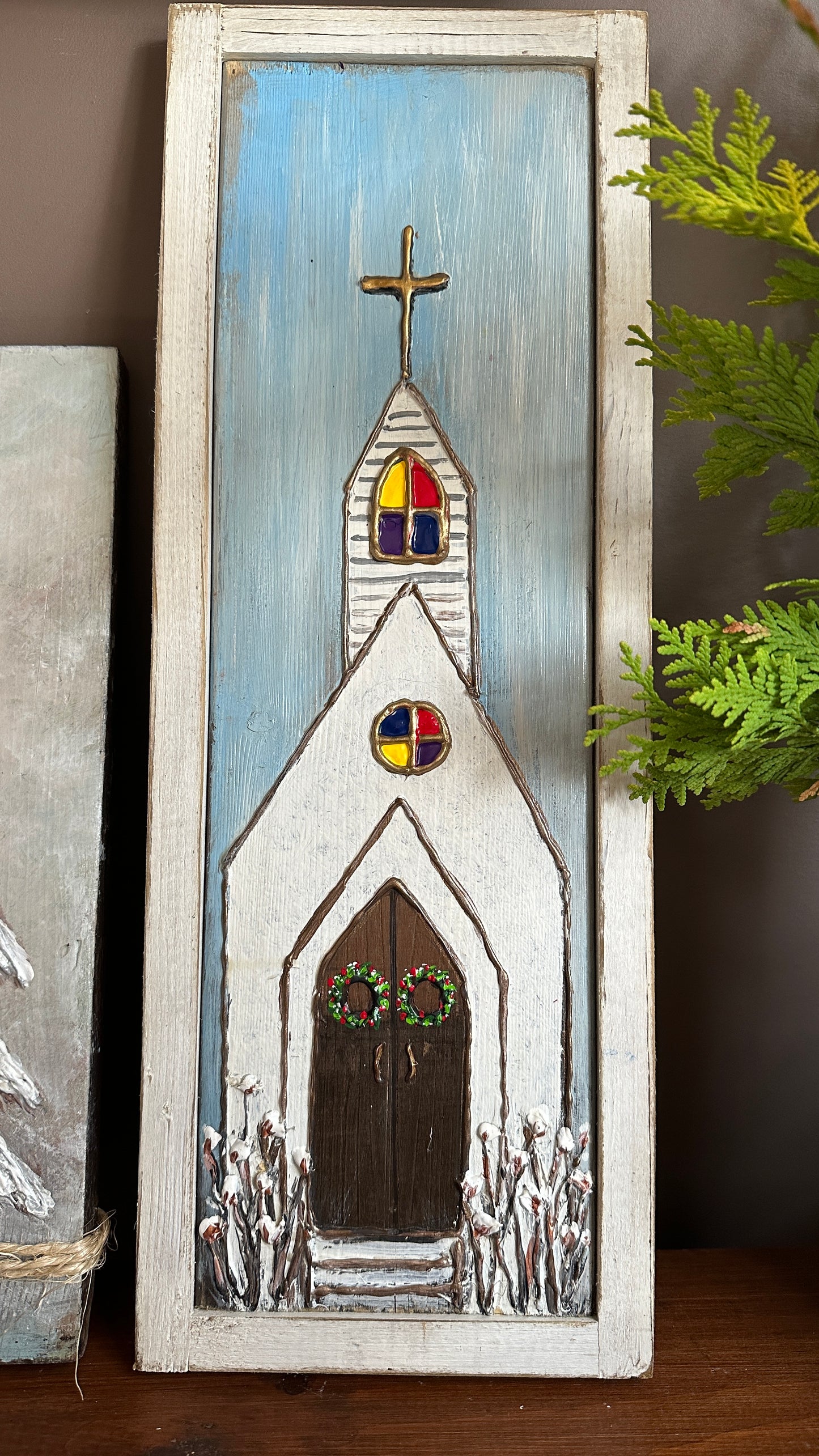 Church and Christmas Tree Painting on Wood (set of 2)