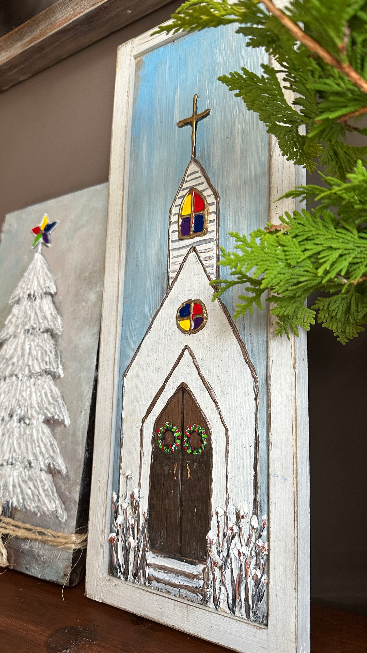 Church and Christmas Tree Painting on Wood (set of 2)