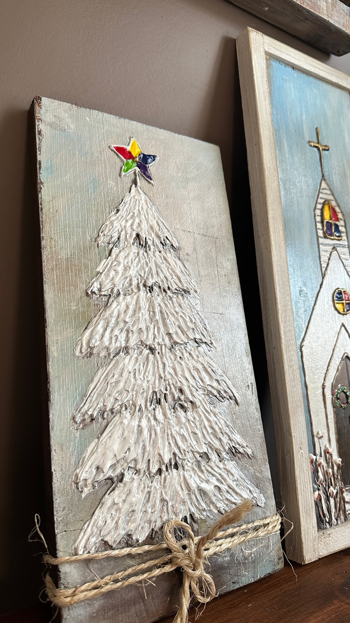 Church and Christmas Tree Painting on Wood (set of 2)