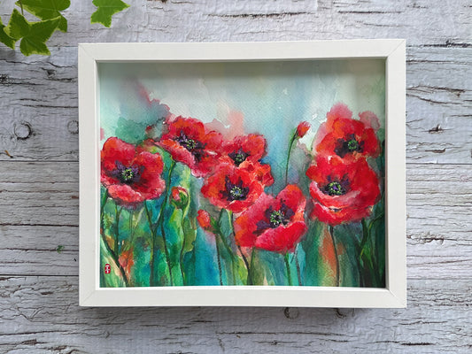 Framed Original Poppy Watercolour Painting