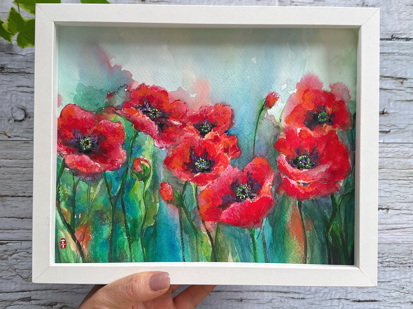 Framed Original Poppy Watercolour Painting
