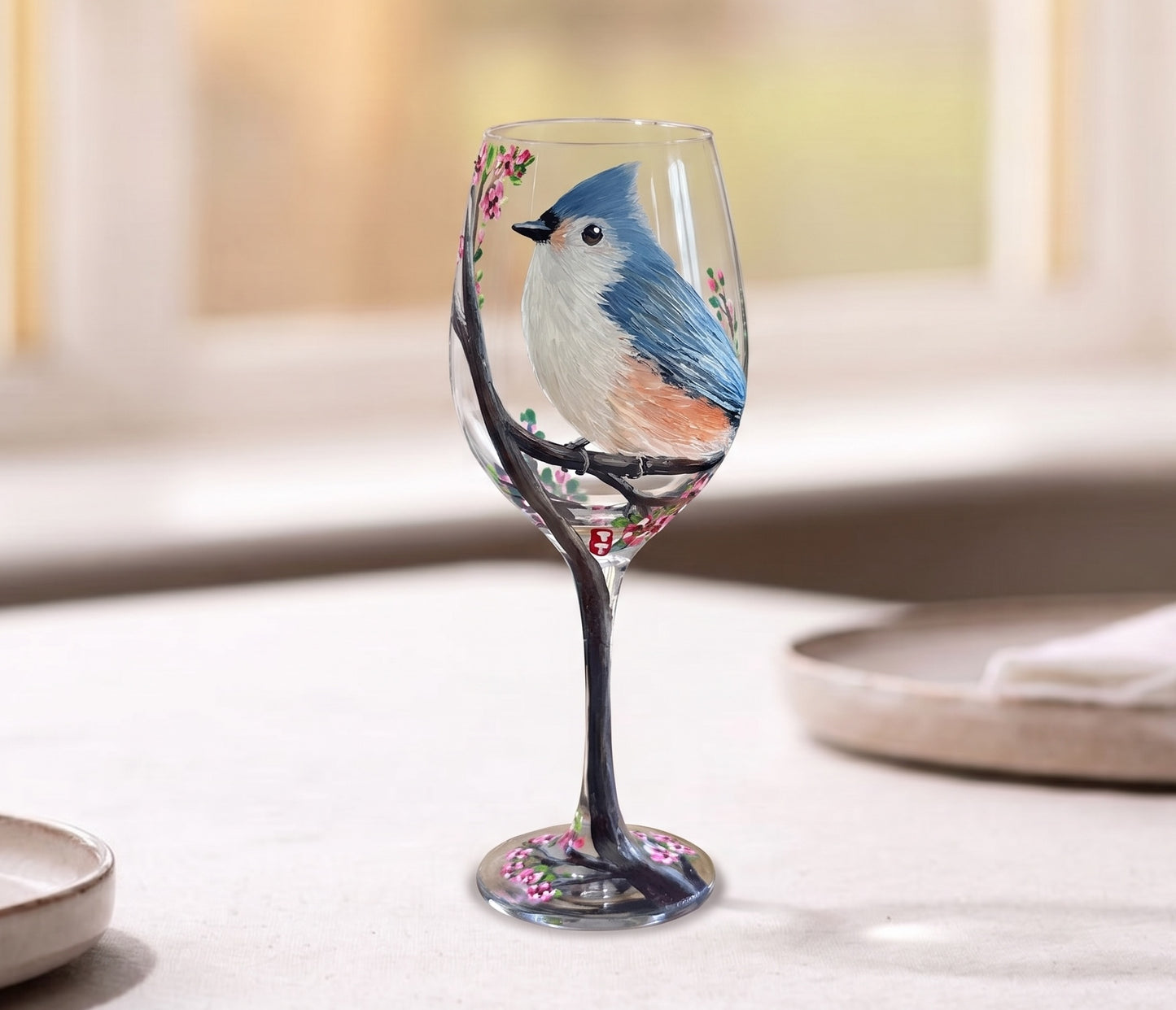 Hand Painted Tufted Titmouse Wine Glass: Bird Lover Gift