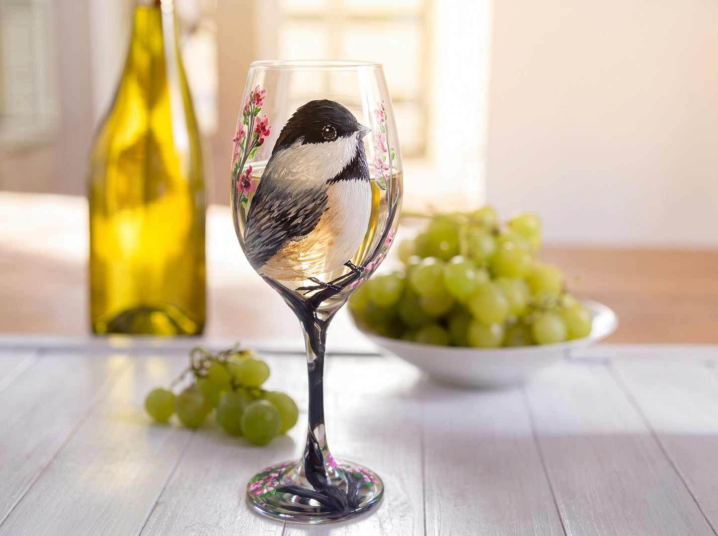 Hand-Painted Chickadee Wine Glass: Bird Lover Gift