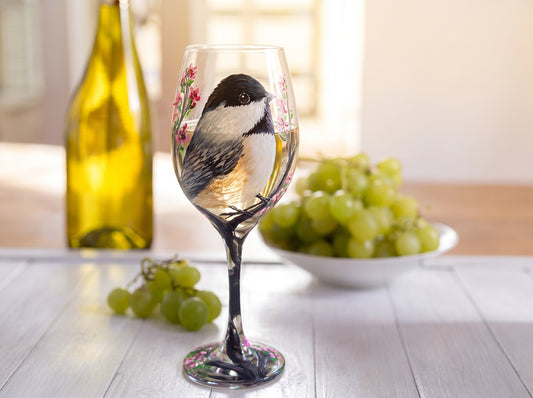 Hand-Painted Chickadee Wine Glass: Bird Lover Gift