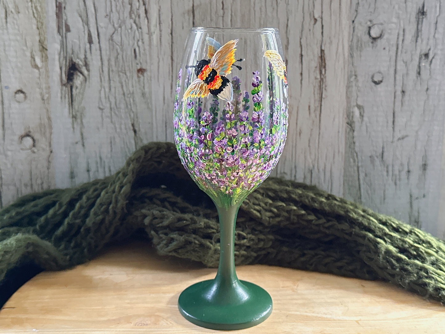 Hand Painted Lavender Wine Glass: Lavender & Bee Design