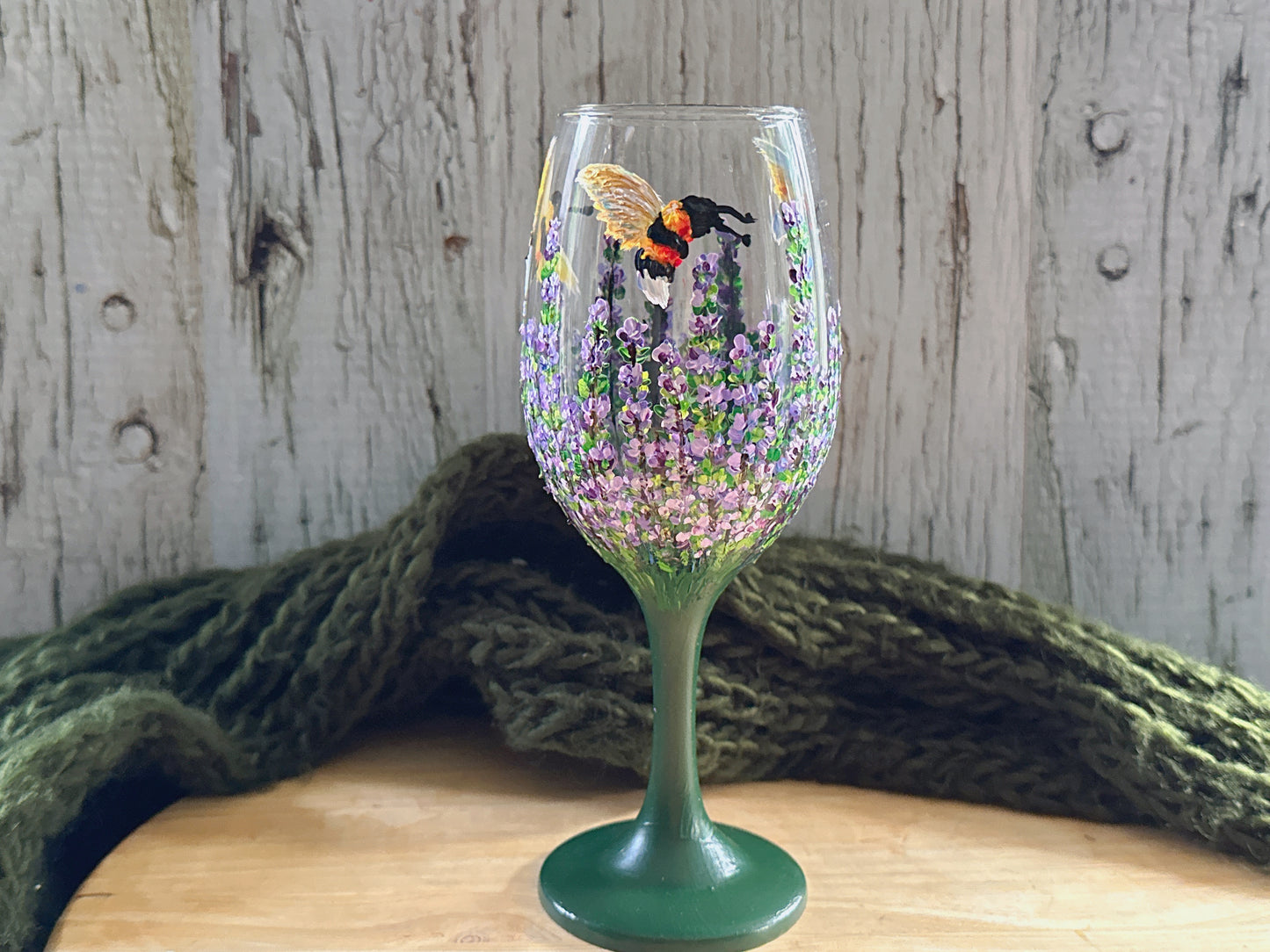 Hand Painted Lavender Wine Glass: Lavender & Bee Design