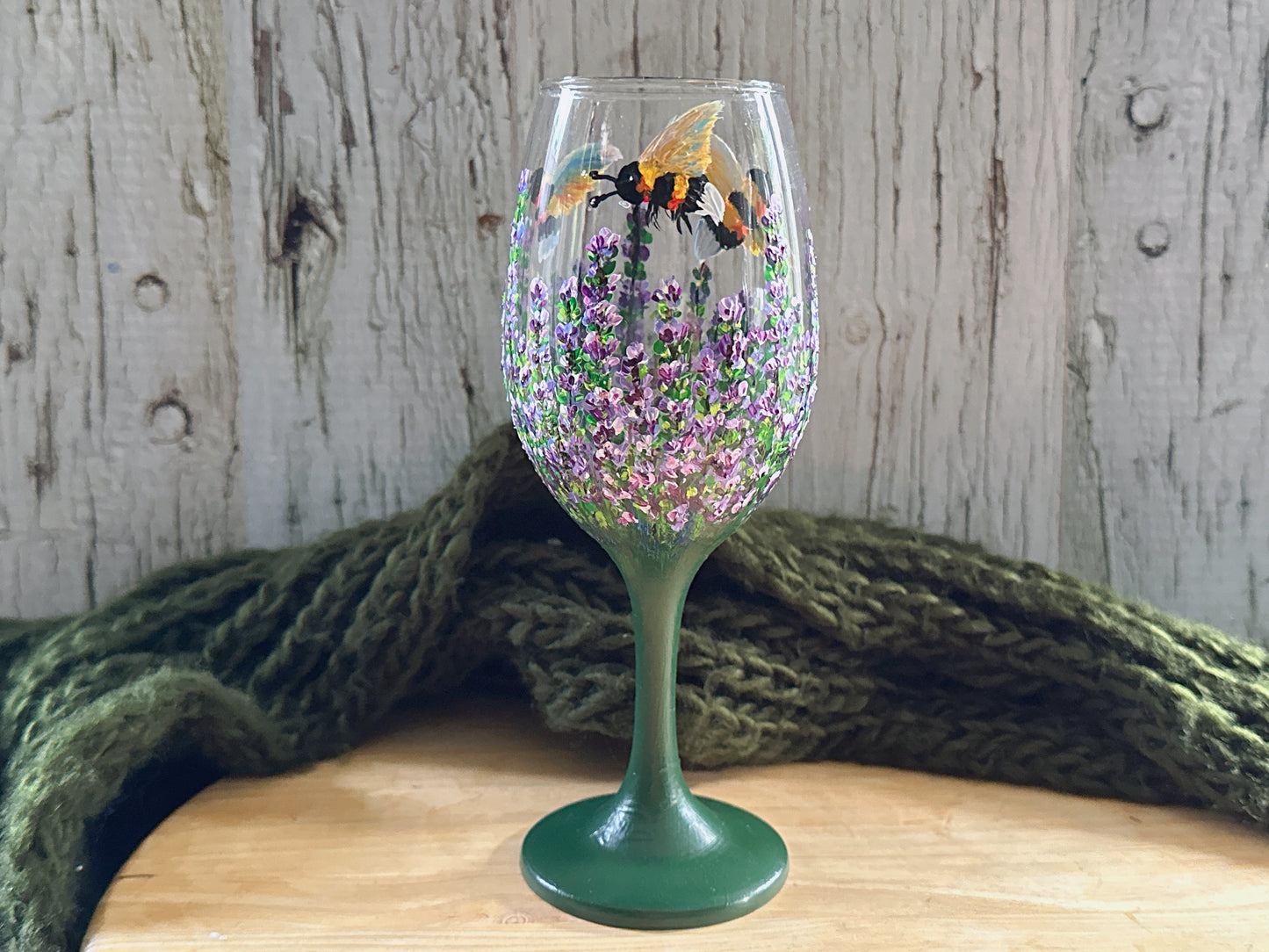 Hand Painted Lavender Wine Glass: Lavender & Bee Design